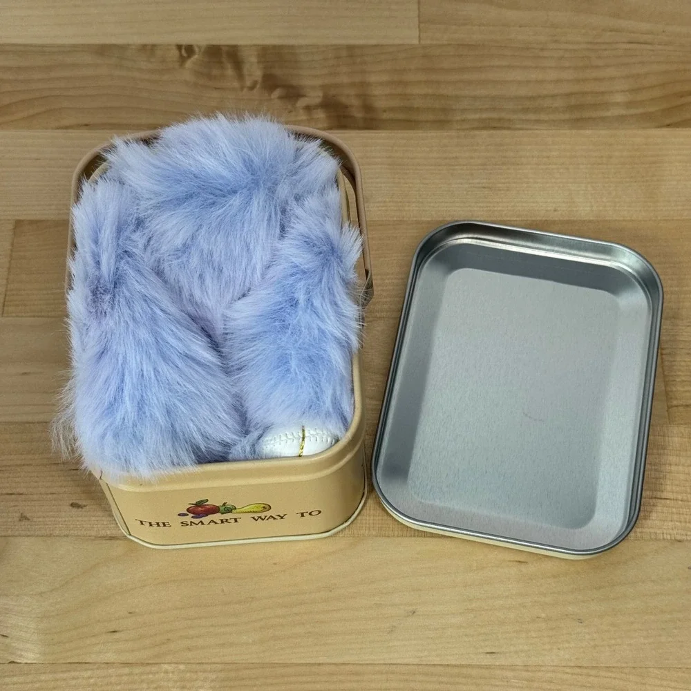 NEW Bunny Lulu Light Blue Faux Fur Rabbit Keychain Decorative Picnic Metal Tin